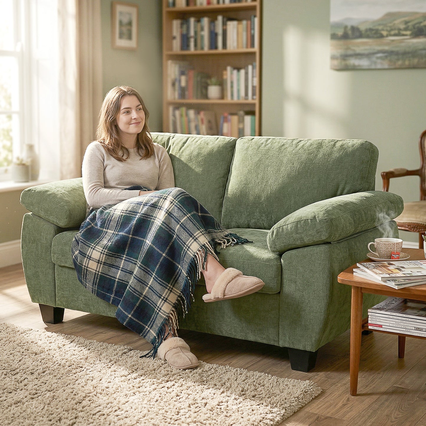 HOMCOM 2 Seater Sofa 156cm Chenille Loveseat Dark Green With Thick Cushioned Seat And Soft Upholstery