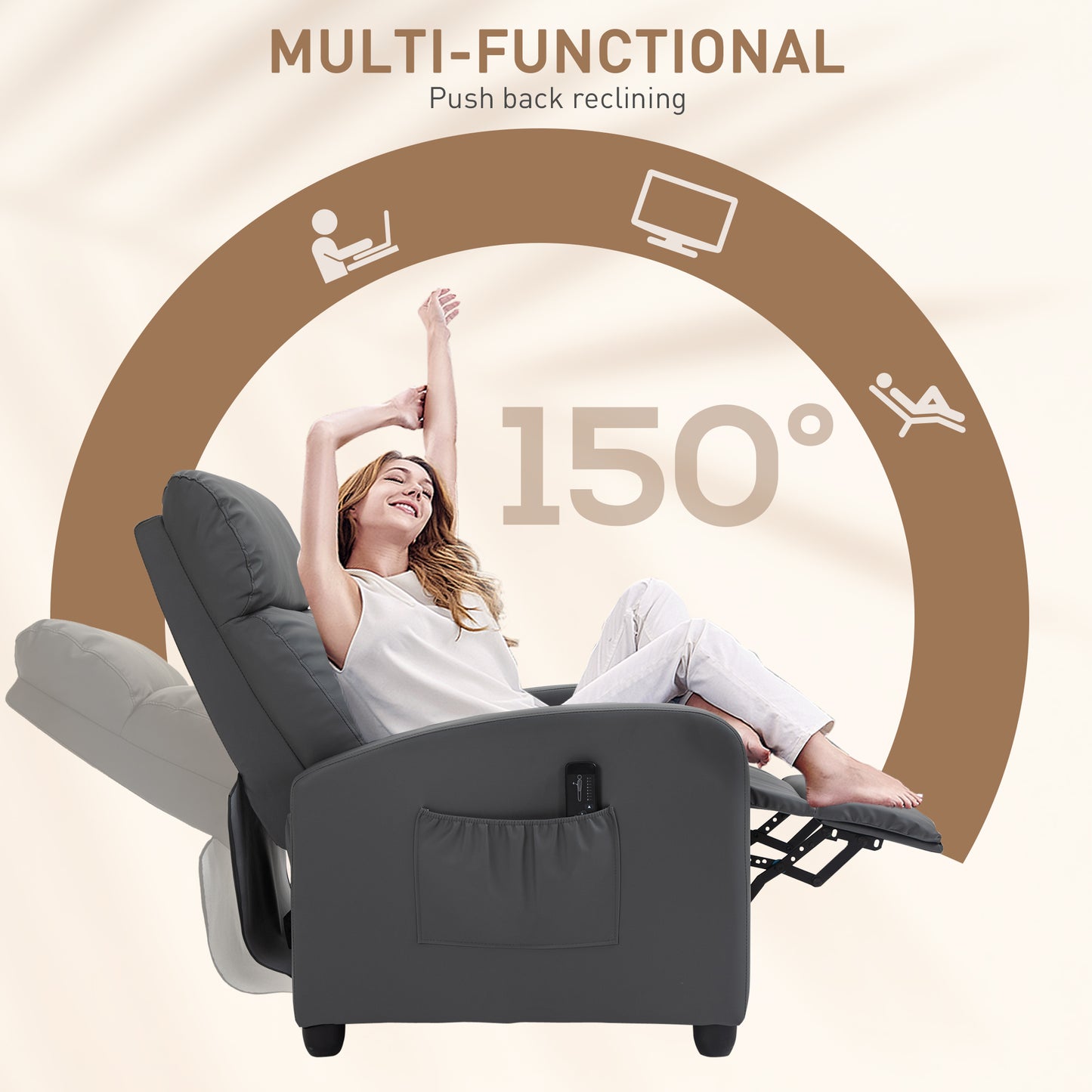 HOMCOM Recliner Armchair Massage Faux Leather Push Back Reclining Chair with Adjustable Leg Rest and Side Pocket Grey