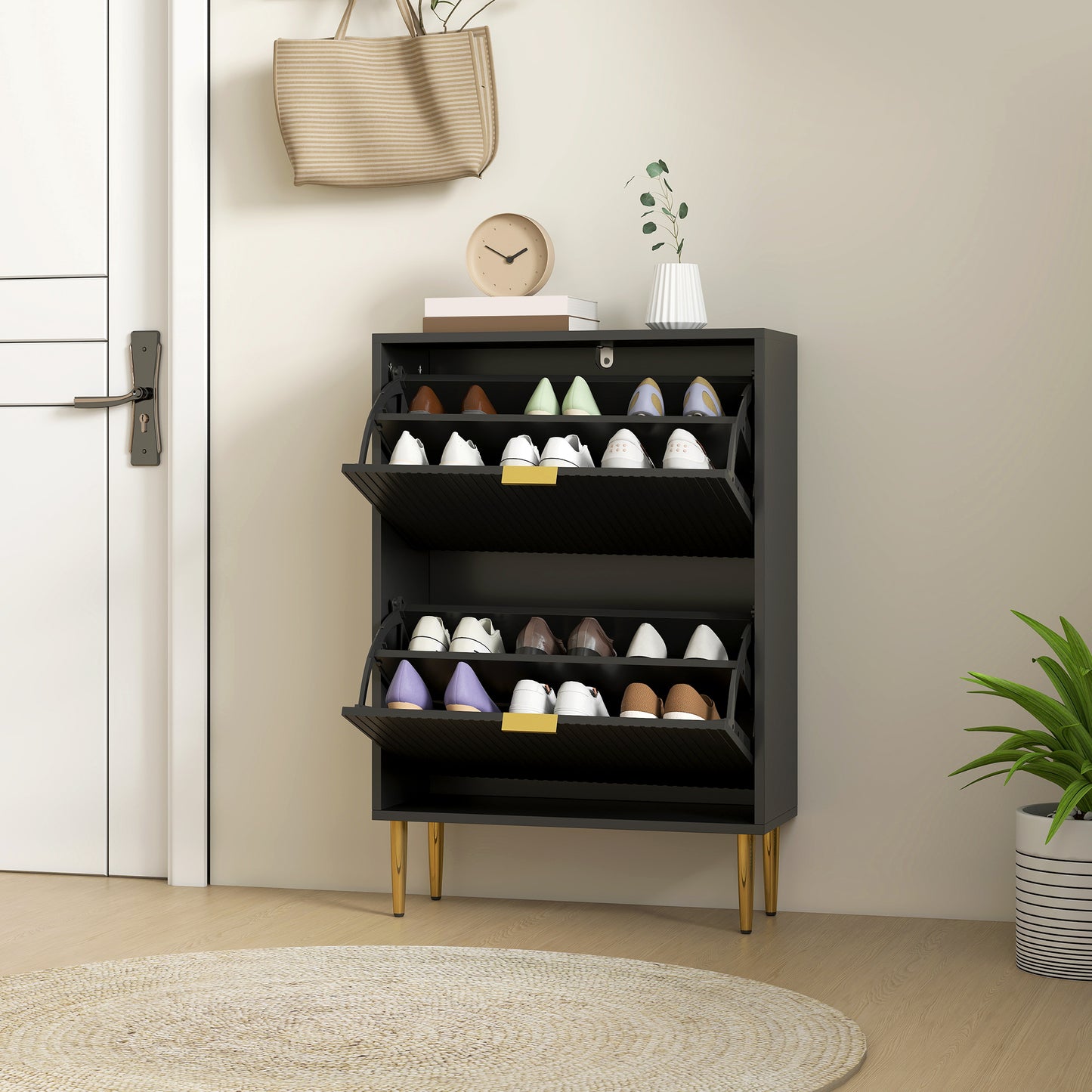 HOMCOM Elegant White Two Drawer Shoe Cabinet With Gold Accents And Adjustable Shelves