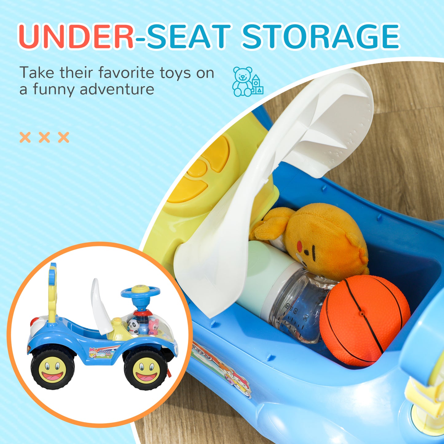 AIYAPLAY Blue Foot-to-Floor Toddler Ride-On Toy with Music, Lights, and Storage