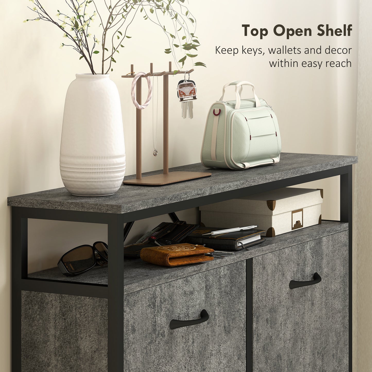 HOMCOM Cement Grey Shoe Storage Cabinet With Four Flip Drawers And Open Shelf For Industrial Entryway Organization