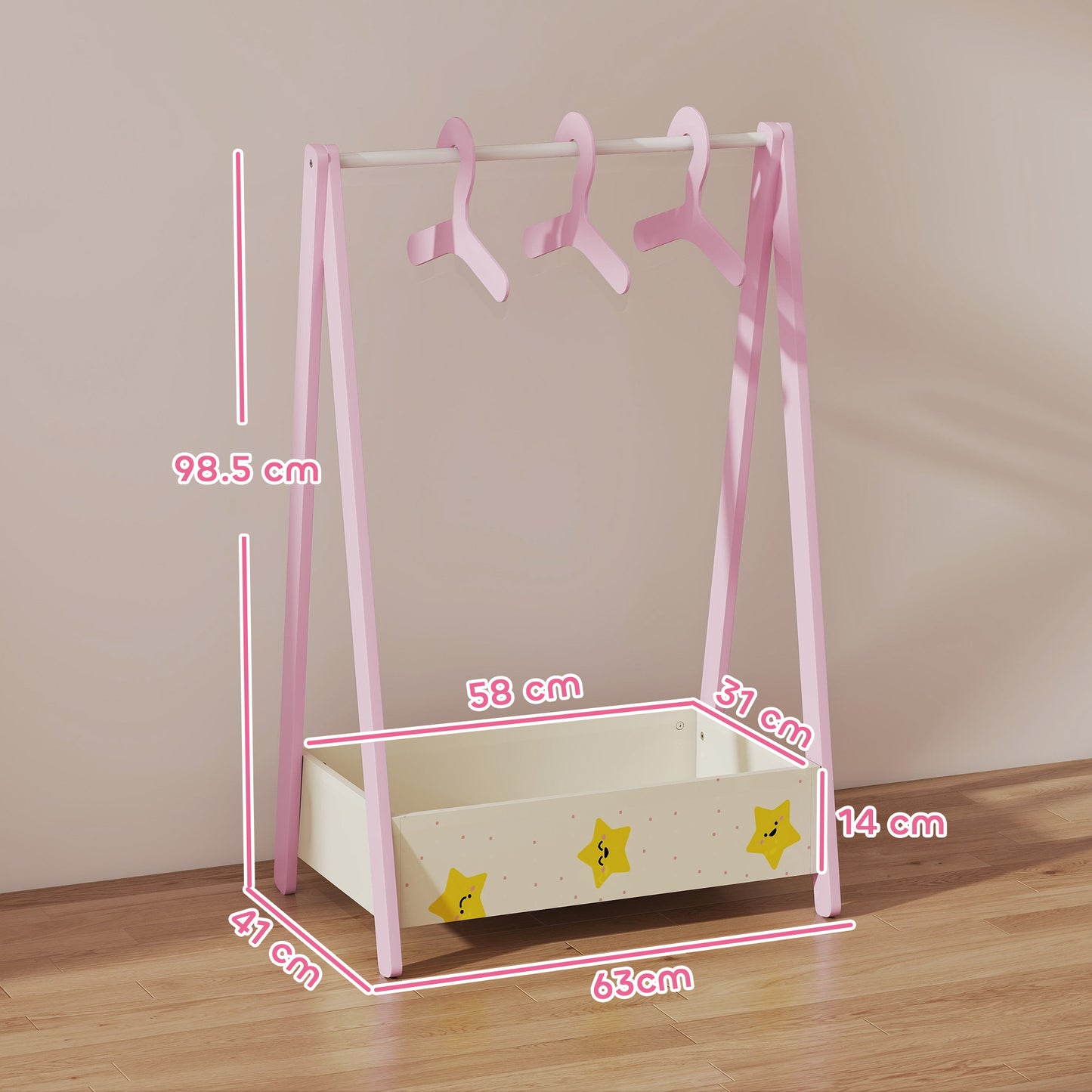 AIYAPLAY Baby Clothing Rack With Hangers And Storage Shelf For Bedroom Star Theme Pink Ages 3 To 6