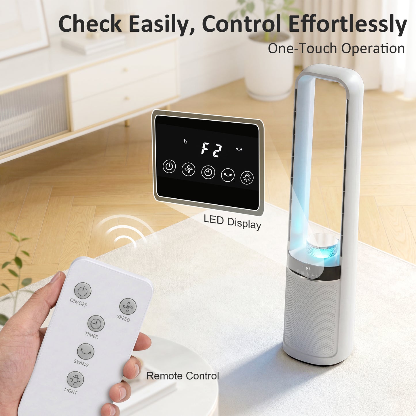HOMCOM Bladeless Tower Fan 36dB Quiet Oscillating Cooling Fan With LED Lights 3 Speeds 12H Timer Remote Control