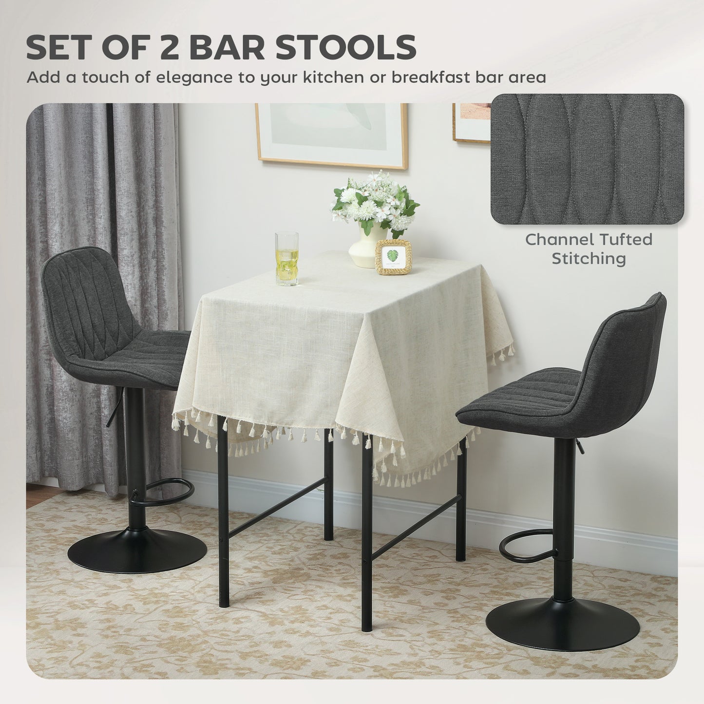 HOMCOM Set Of Two Linen Look Bar Stools Charcoal Grey Adjustable Height 60 To 80 Cm 360 Degree Swivel Padded Seats