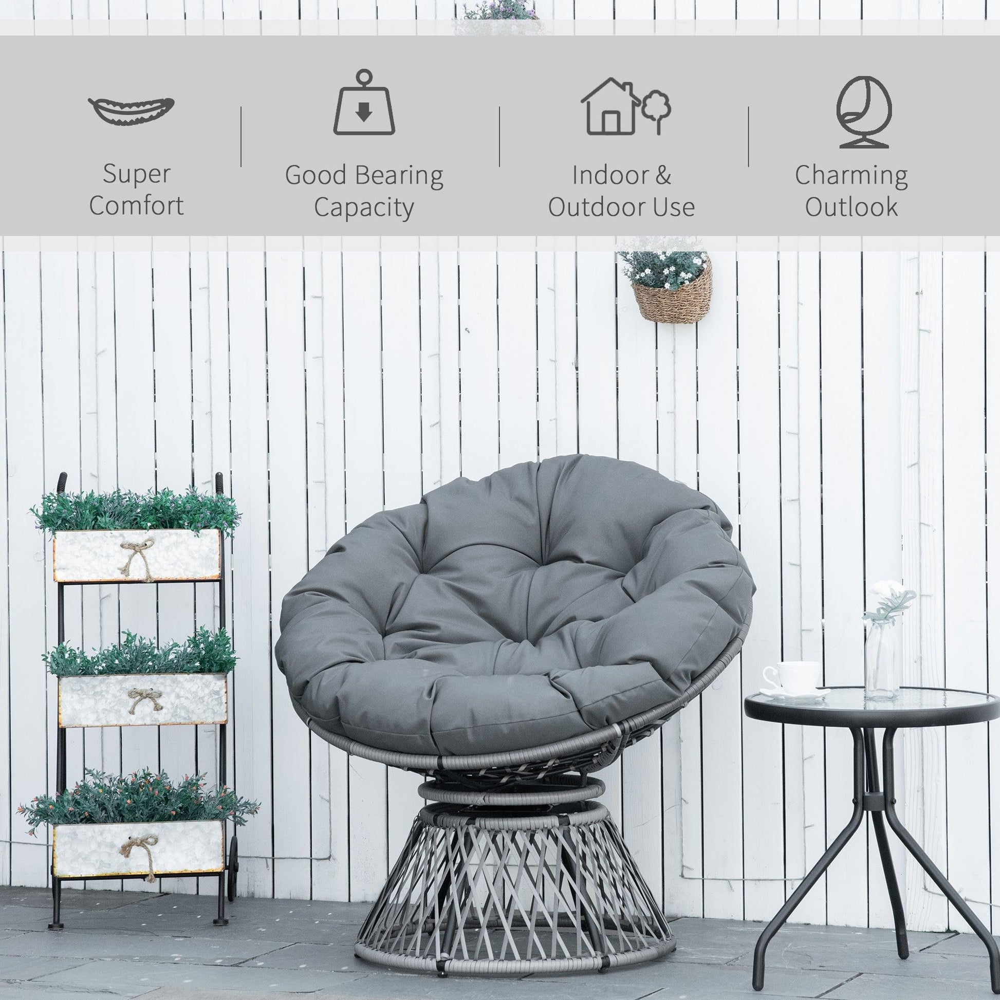 Outsunny 360° Swivel Rattan Papasan Moon Bowl Chair Round Outdoor w/ Padded-Grey - ALL4U RETAILER LTD