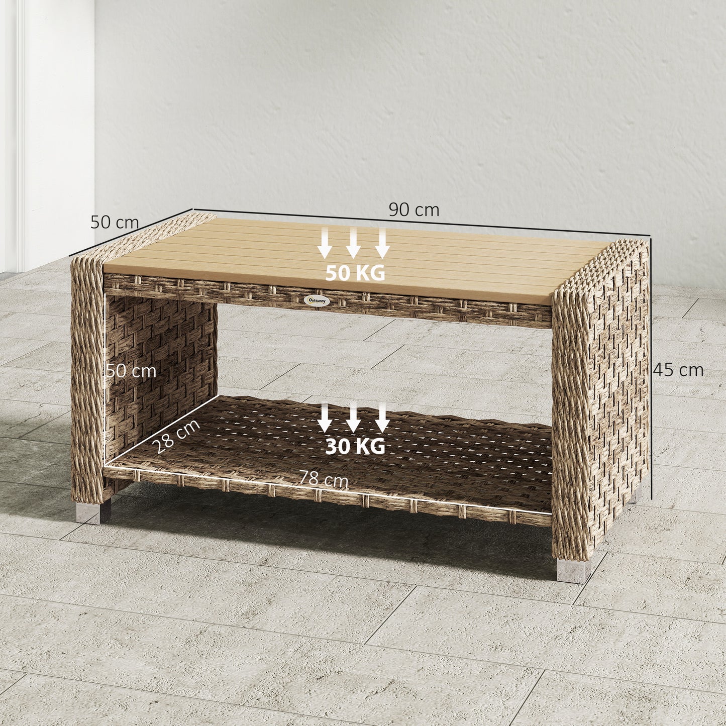 Outsunny Outdoor Coffee Table With Two Tier Storage Shelf In PE Rattan Light Brown Slatted Top And Foot Pads