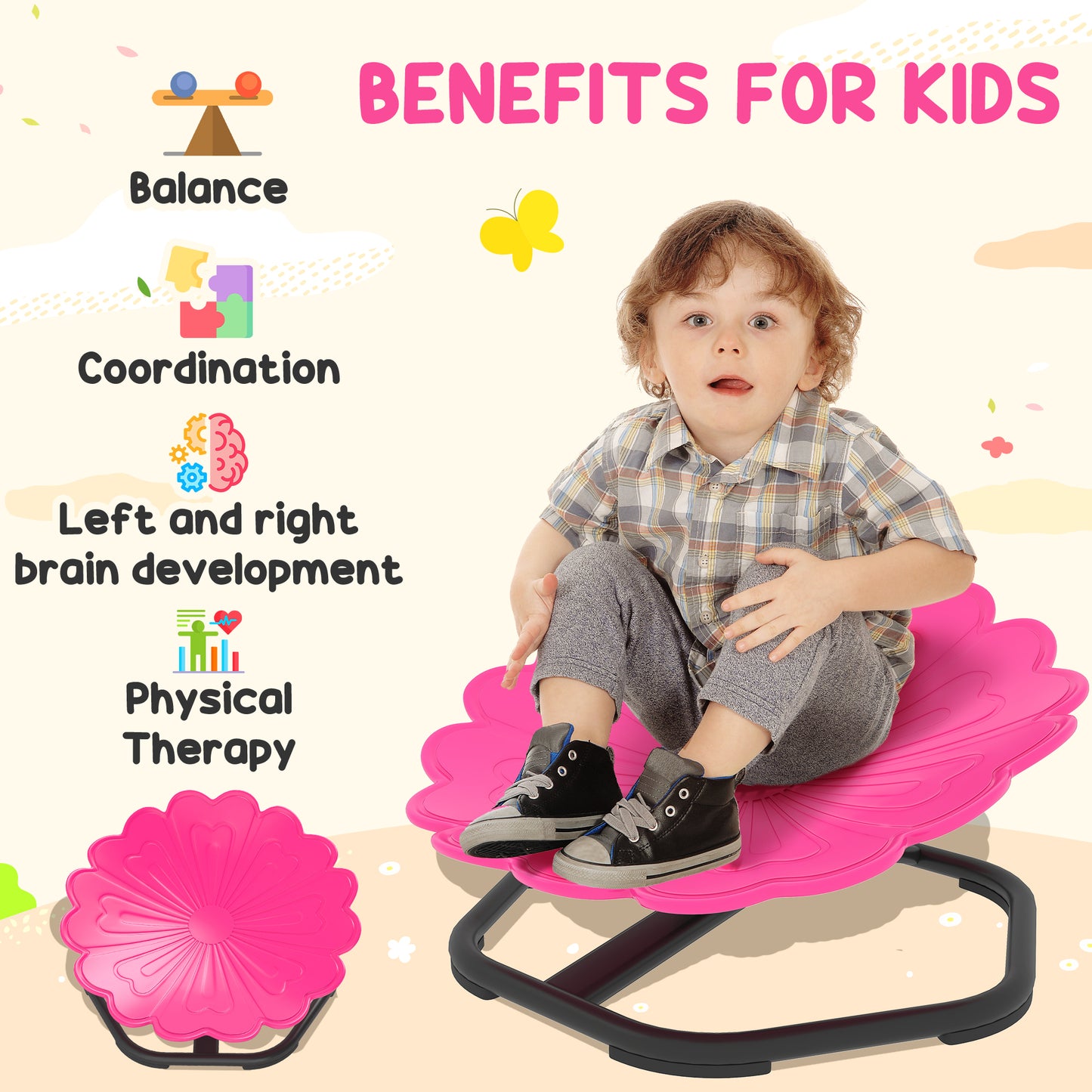 AIYAPLAY Flower Shaped Sensory Spinning Chair for Kids with Non Slip Base Pink Balance and Coordination