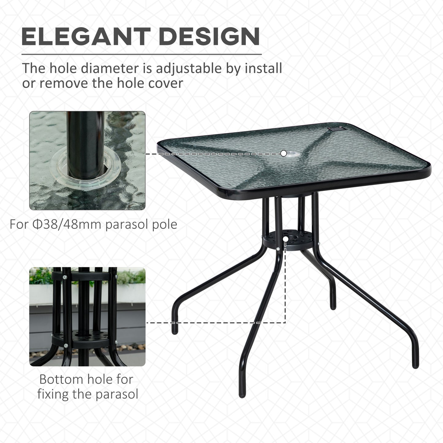 Outsunny Square Patio Table Tempered Glass Top Bistro Garden Dining Outdoor Accent Coffee Table 76 x 76cm Steel Frame Umbrella Hole - ALL4U RETAILER LTD