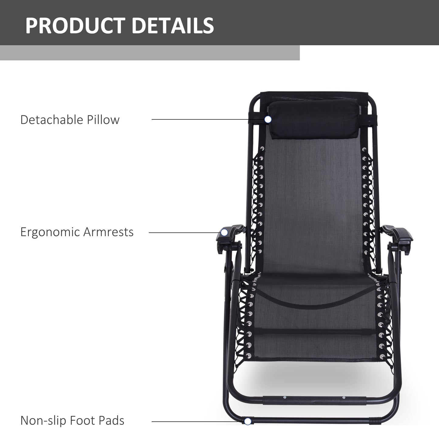 Outsunny Zero Gravity Chair Set of 2 with Metal Frame Texteline Chairs Folding and Reclining Loungers Head Pillow Black