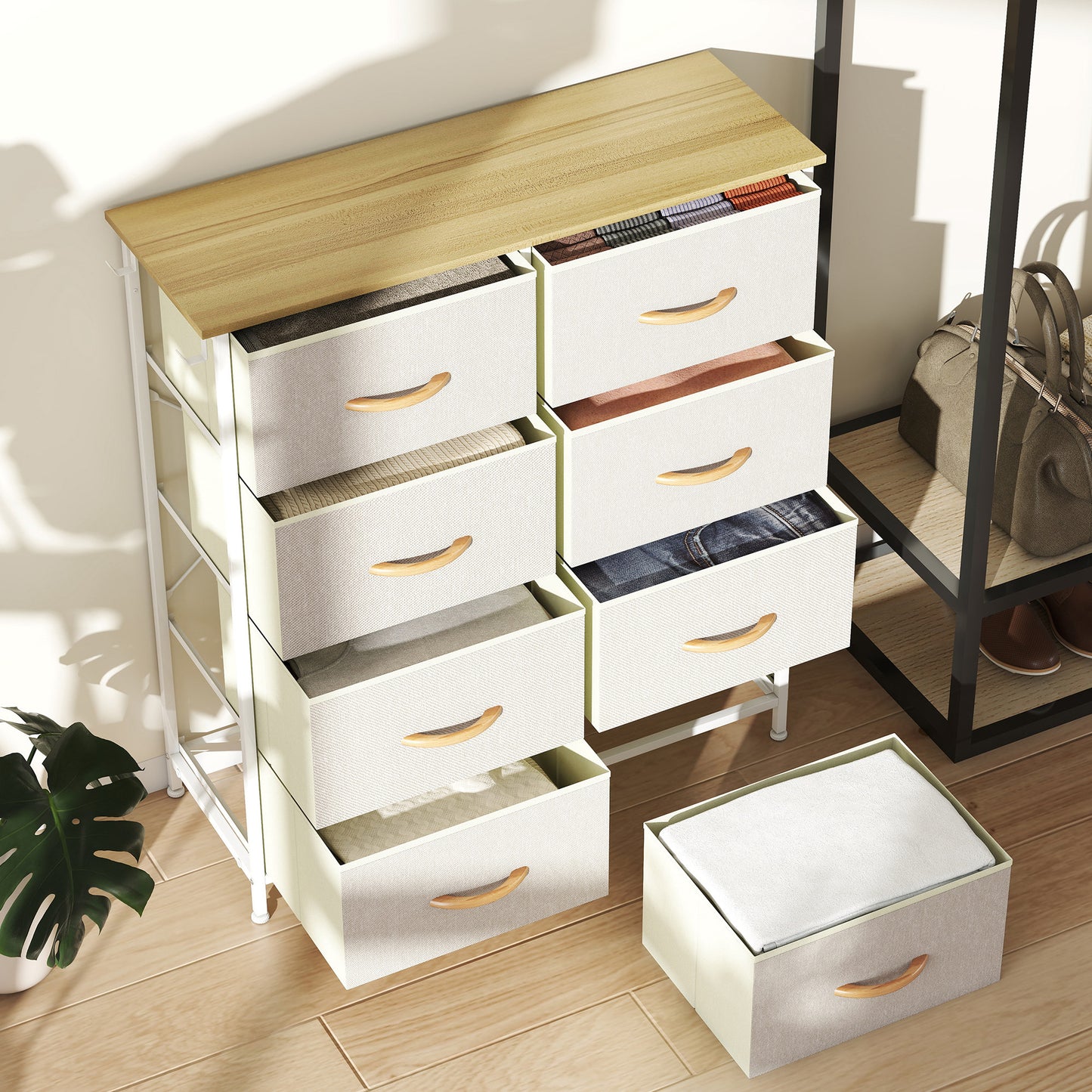 HOMCOM Chest Of Eight Fabric Drawers Beige With Steel X Frame And Four Side Pockets And Two Hooks