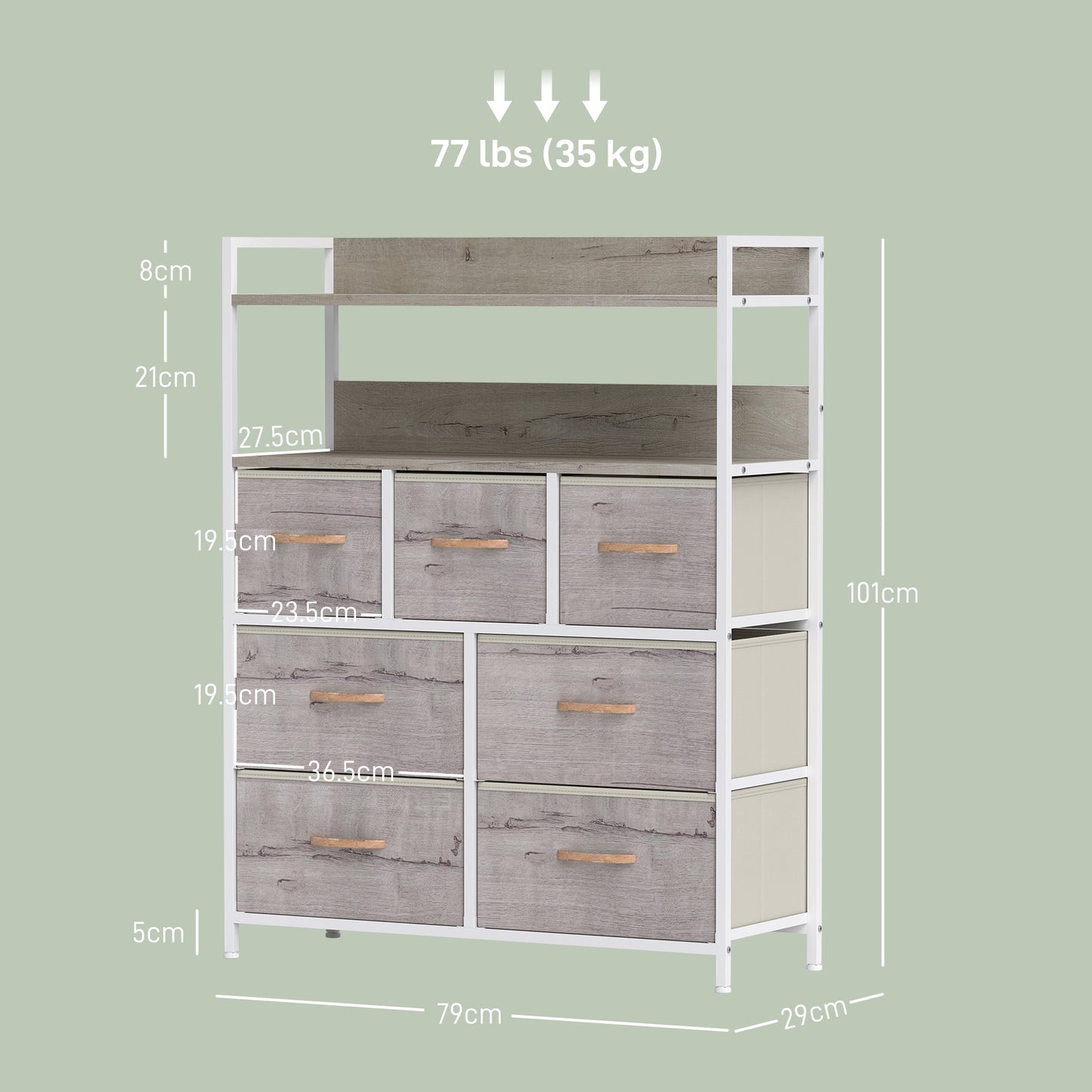 HOMCOM Rustic Chest Of Seven Fabric Drawers Natural Wood Finish For Clothes Storage And Organization