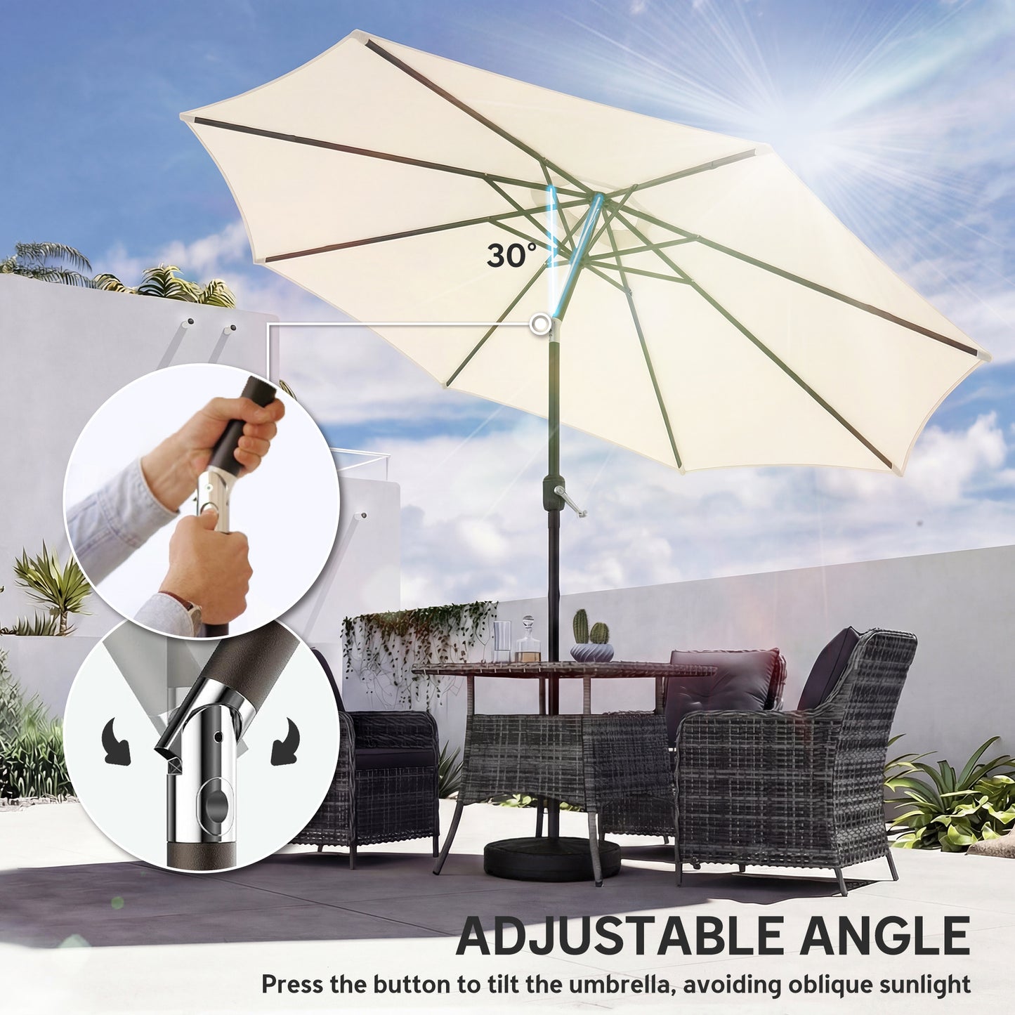 Outsunny 2.7m Garden Parasol Umbrella With Cross Base And Sandbag Retractable Ribs Market Table Umbrella Cream White