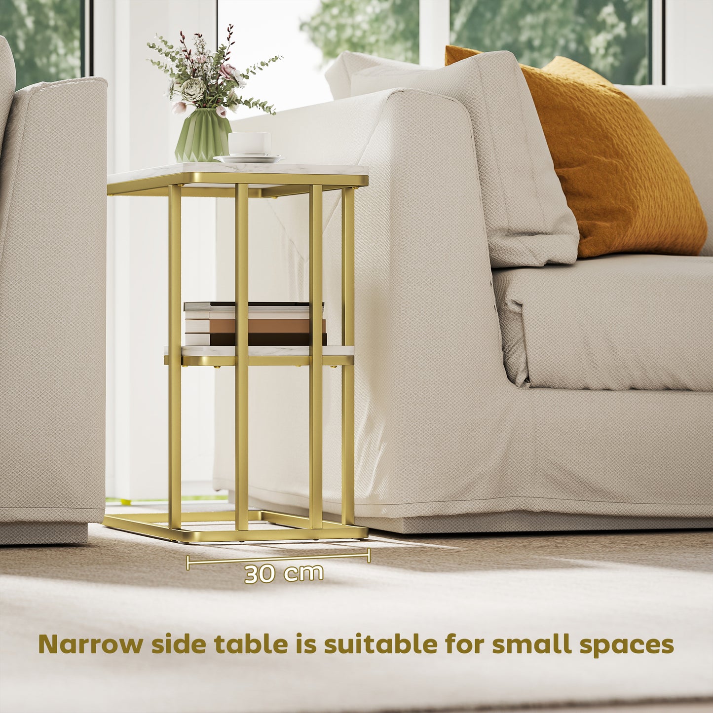 HOMCOM C Shaped Side Table 2 Tier End Table Nightstand for Small Spaces Living Room Bedroom White Marble