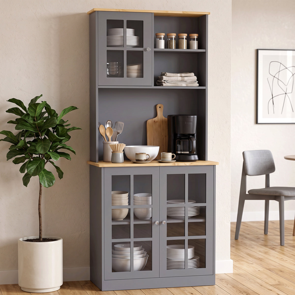Homcom Kitchen Buffet Hutch With Three Cabinets And Open Shelves Grey