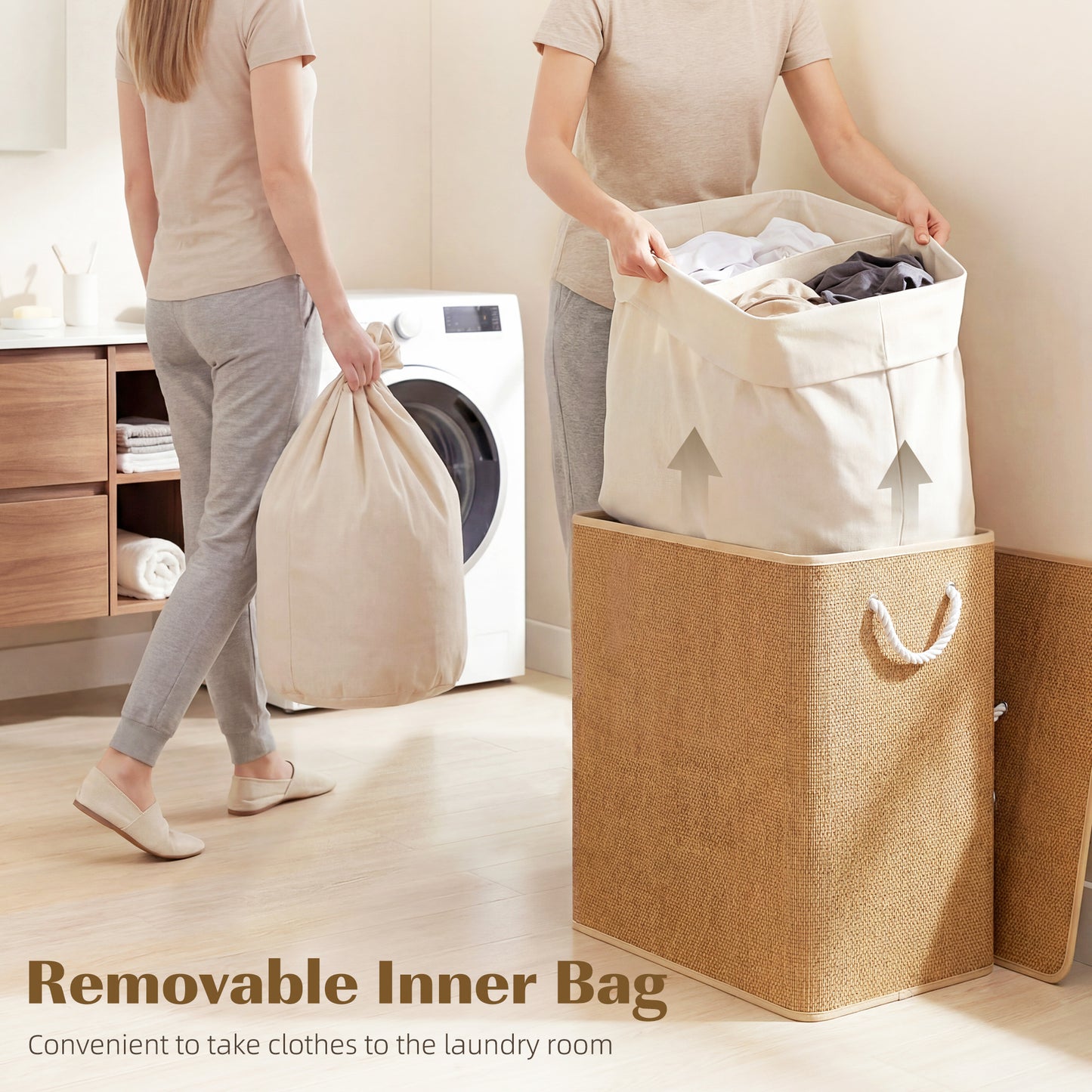 HOMCOM Double Laundry Basket With Lid 100L Bamboo Hamper With Rope Handles Removable Liner For Bathroom Bedroom Brown