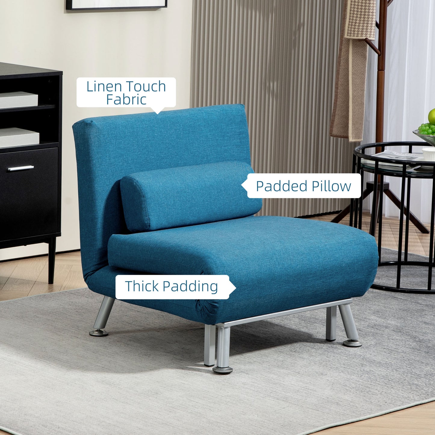Homcom Linen Look Sleeper Chair Blue 3 In 1 Convertible Chair With 5 Level Adjustable Backrest For Space Saving