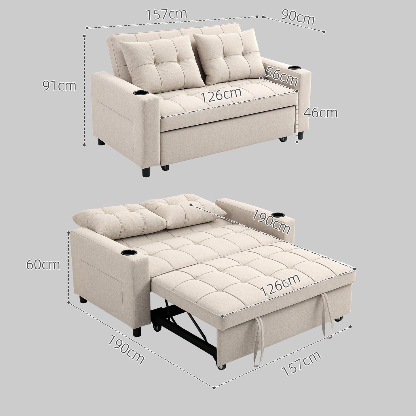 HOMCOM Two Seater Pull Out Sofa Bed Beige For Living Room Convertible Sofa Bed With High Density Foam