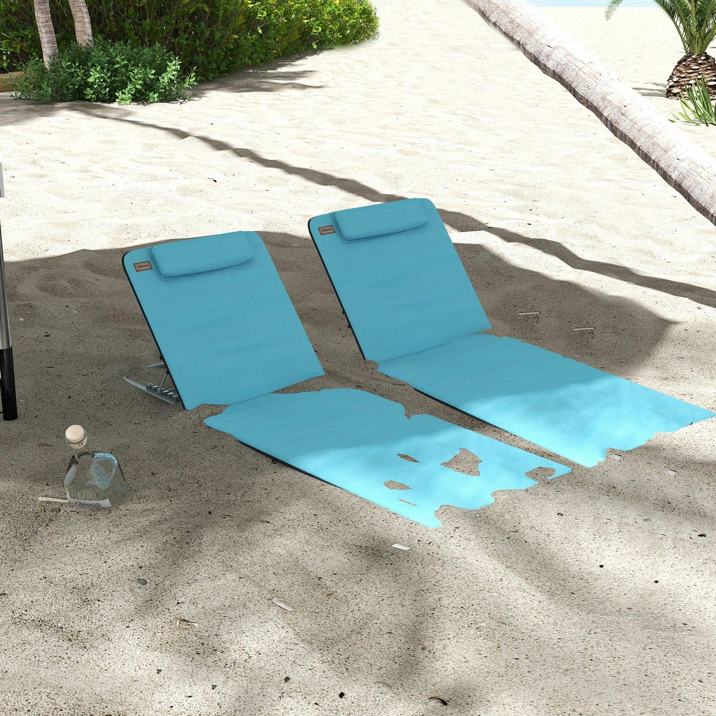 Outsunny Metal Frame PE Fabric 2 Pieces Outdoor Beach Reclining Chair Set w/ Pillow Light Blue - ALL4U RETAILER LTD