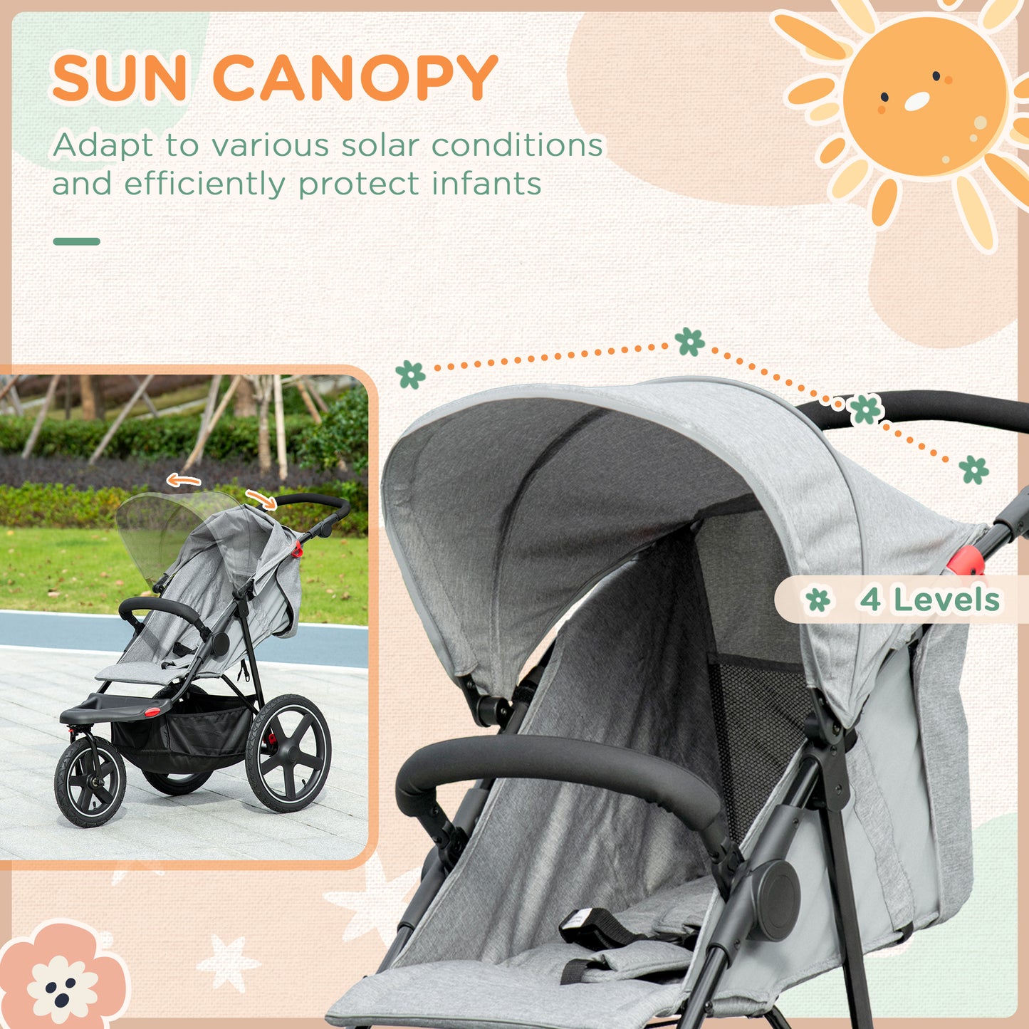 HOMCOM Compact Foldable Three-Wheel Toddler Stroller with Adjustable Canopy and Storage Basket - Grey - ALL4U RETAILER LTD