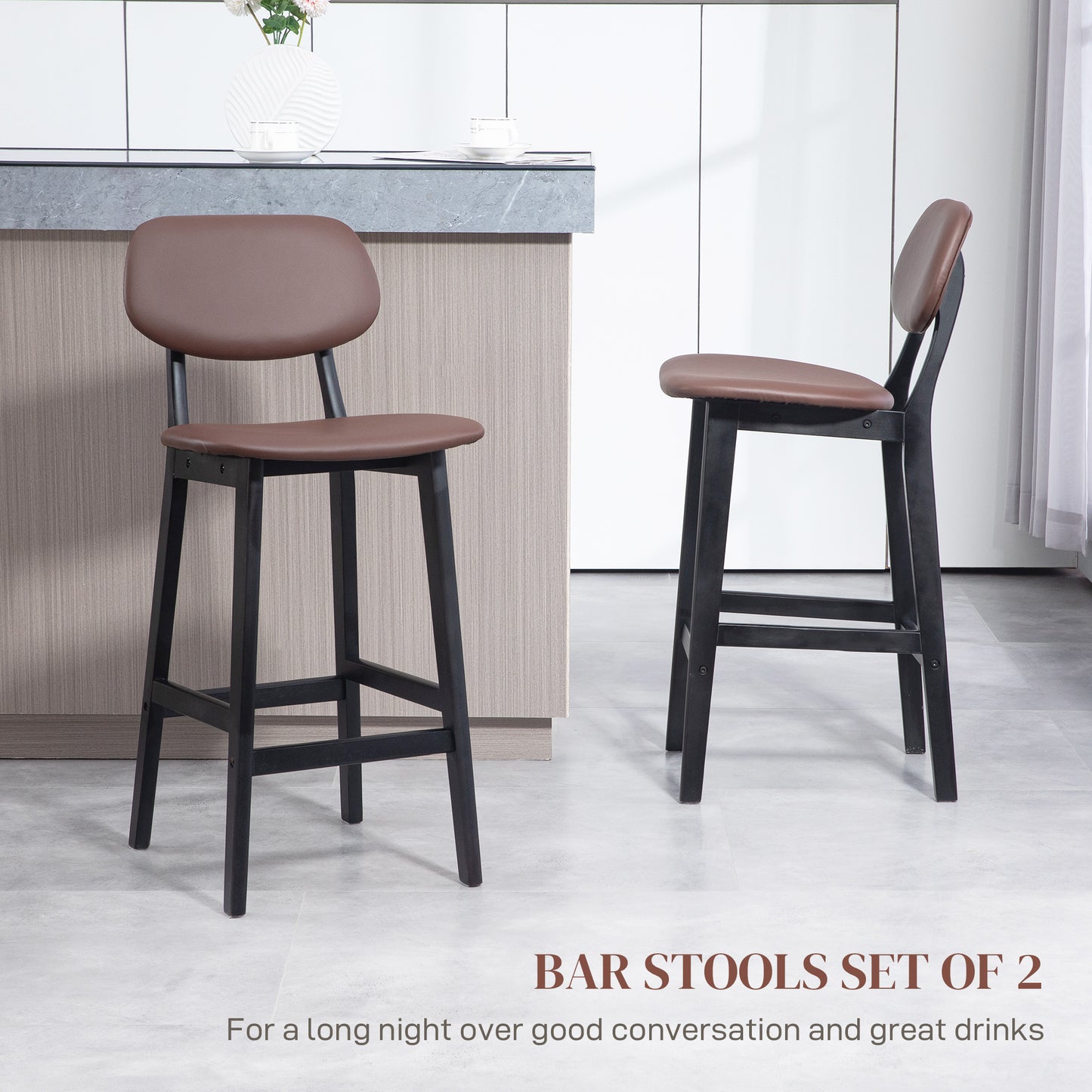 HOMCOM Set of 2 Modern Faux Leather Bar Stools with Wooden Legs and Back Support, Brown - ALL4U RETAILER LTD