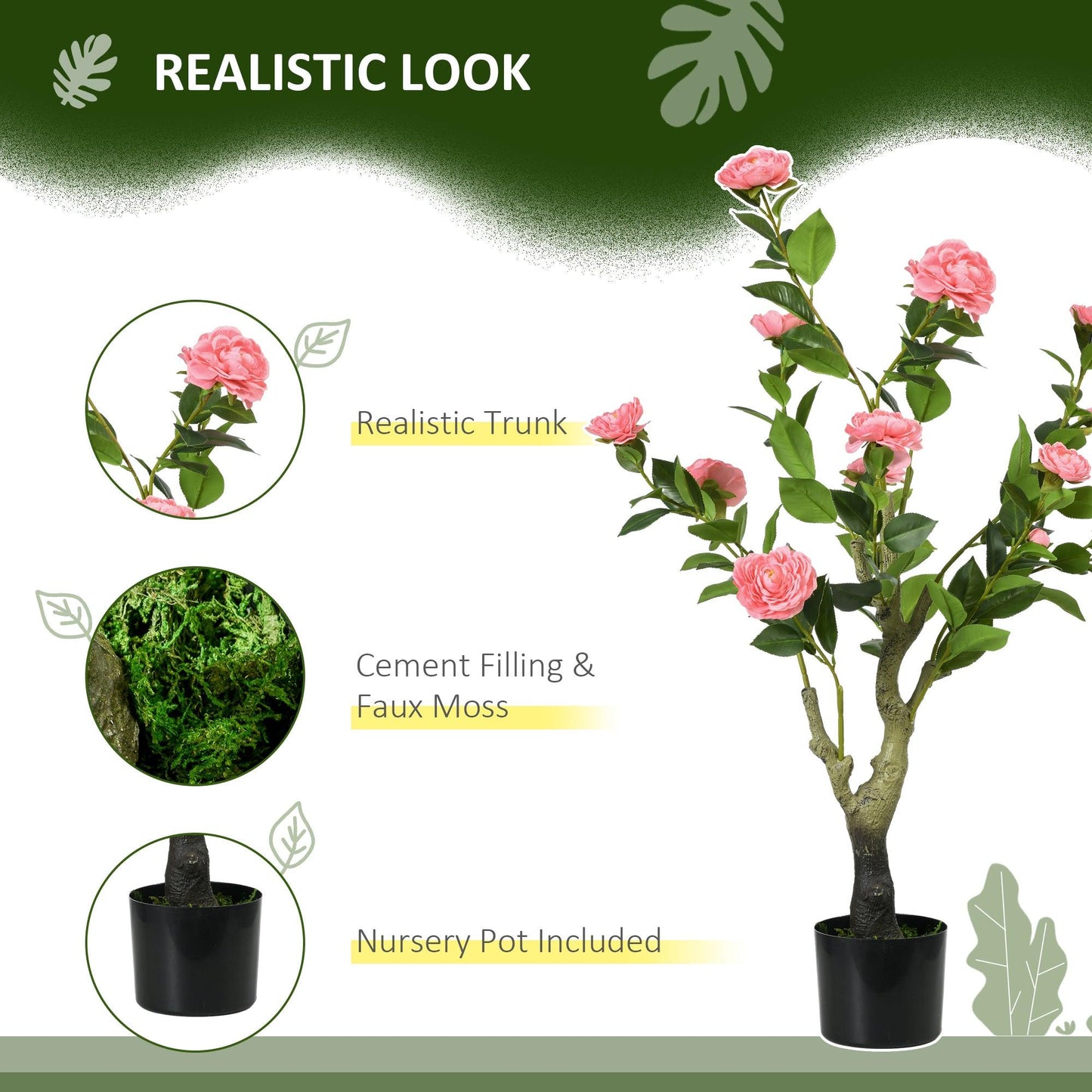 HOMCOM Artificial Plant Camellia Flower in Pot, Fake Plant for Indoor Outdoor, 95cm, Pink - ALL4U RETAILER LTD