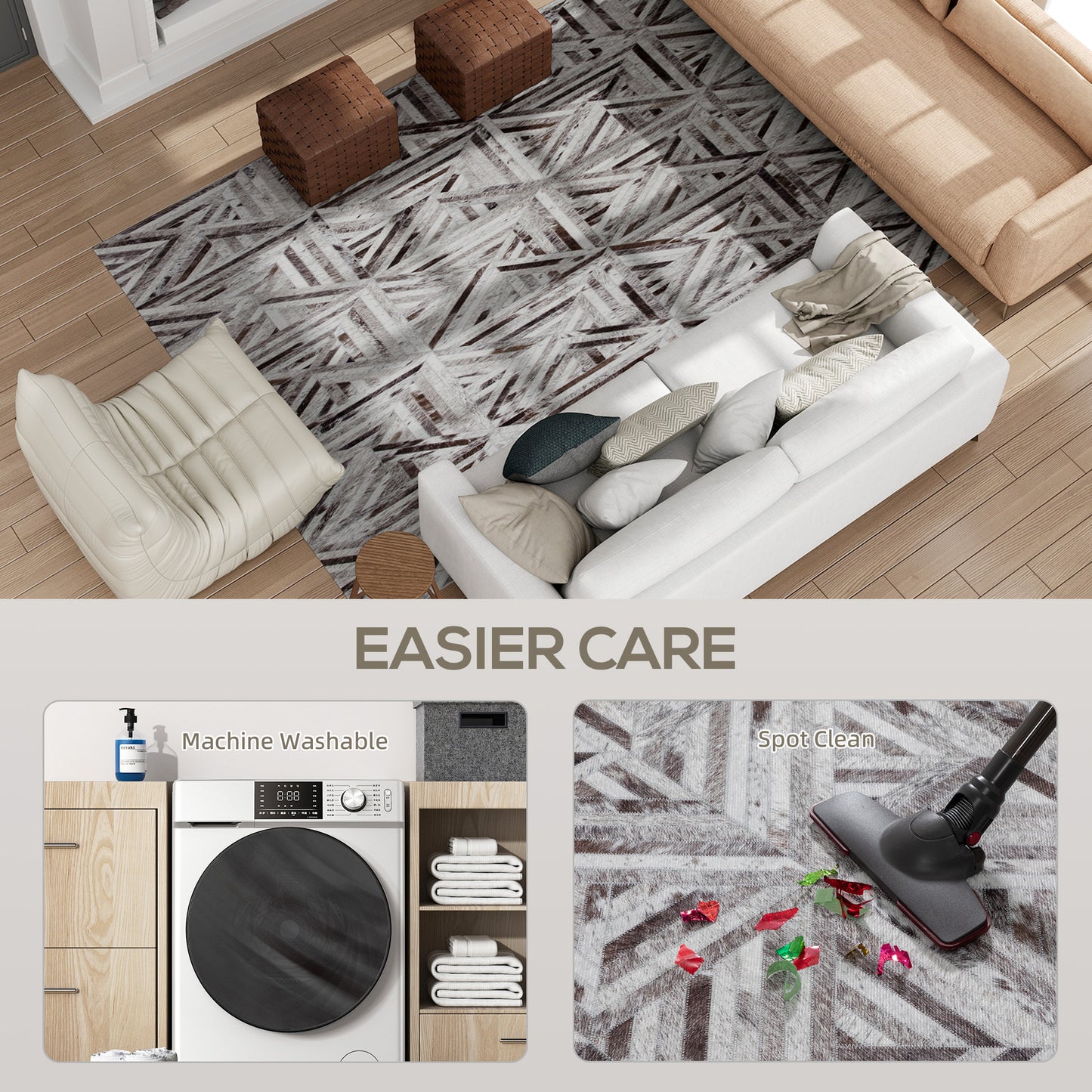 HOMCOM Modern Area Rug Triangle Pattern Non Slip Washable Chenille Carpet For Living Room Bedroom 290 x 200 cm Brown
