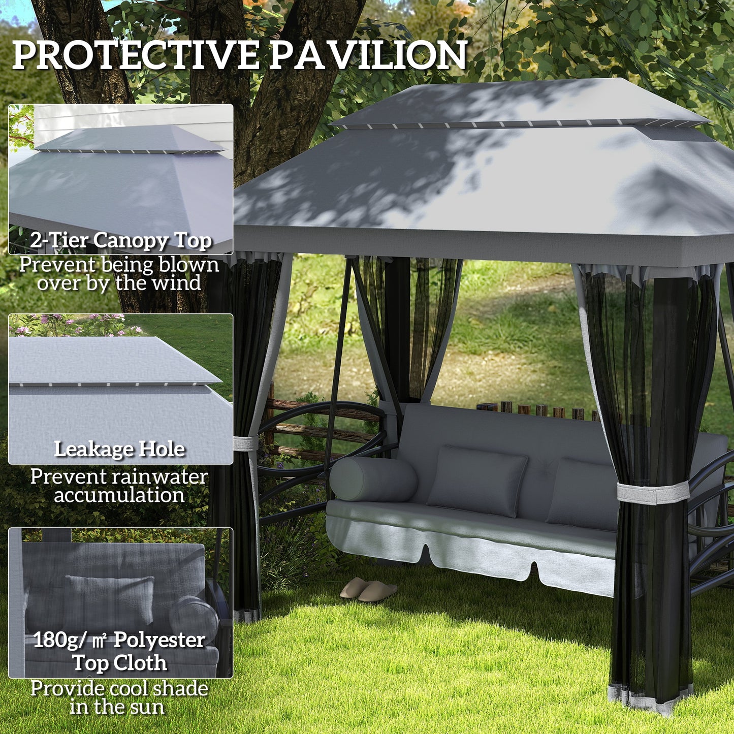 Outsunny 3 In 1 Seater Swing Chair Gazebo Lounger With Cushioned Seat And Waterproof Canopy Grey