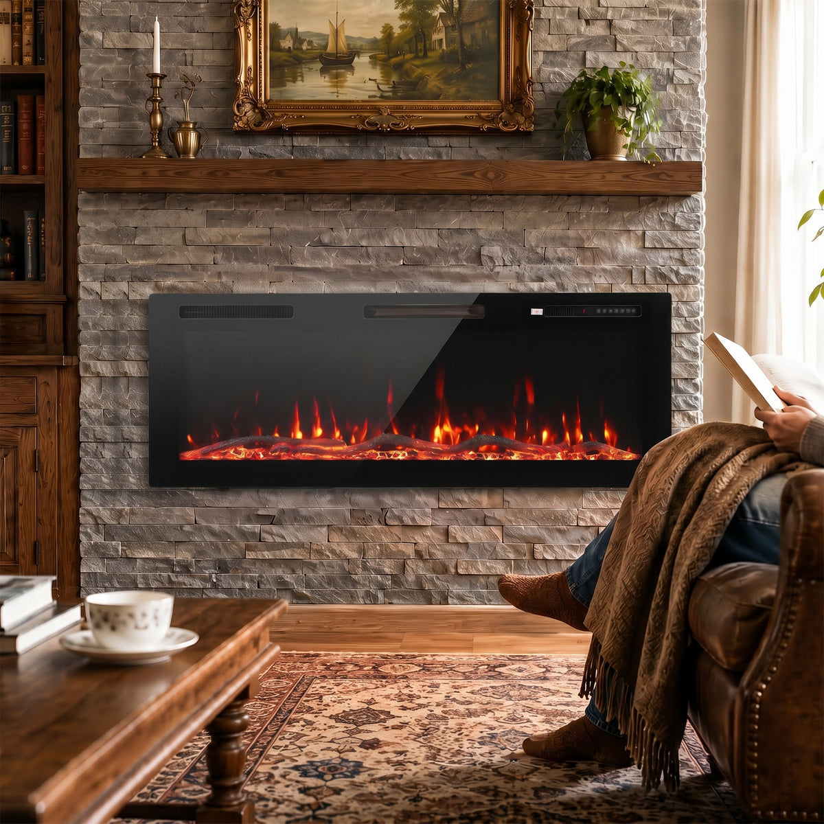 Recessed wall electric fireplace with black frame and orange flame display in stone surround.