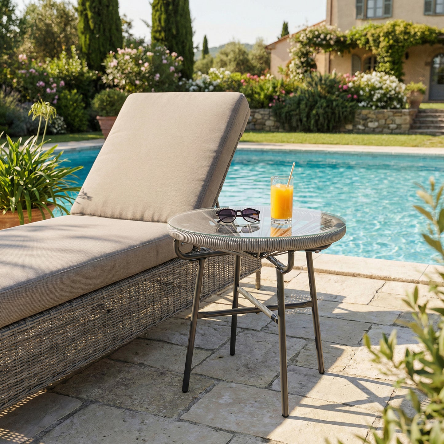 Outsunny Rattan Side Table Round Outdoor Coffee Table With PE Rattan And Tempered Glass Tabletop Light Grey