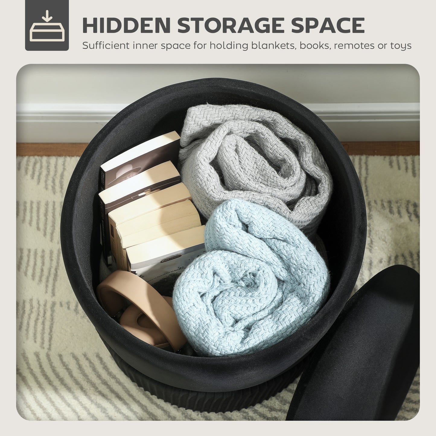 HOMCOM Velvet-Feel Storage Ottoman With Hidden Storage And Soft Black Upholstery For Living Room And Bedroom Decor