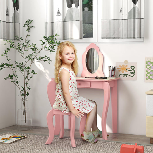 ZONEKIZ Kids Dressing Table with Mirror and Stool, Girls Vanity Table - Pink - ALL4U RETAILER LTD