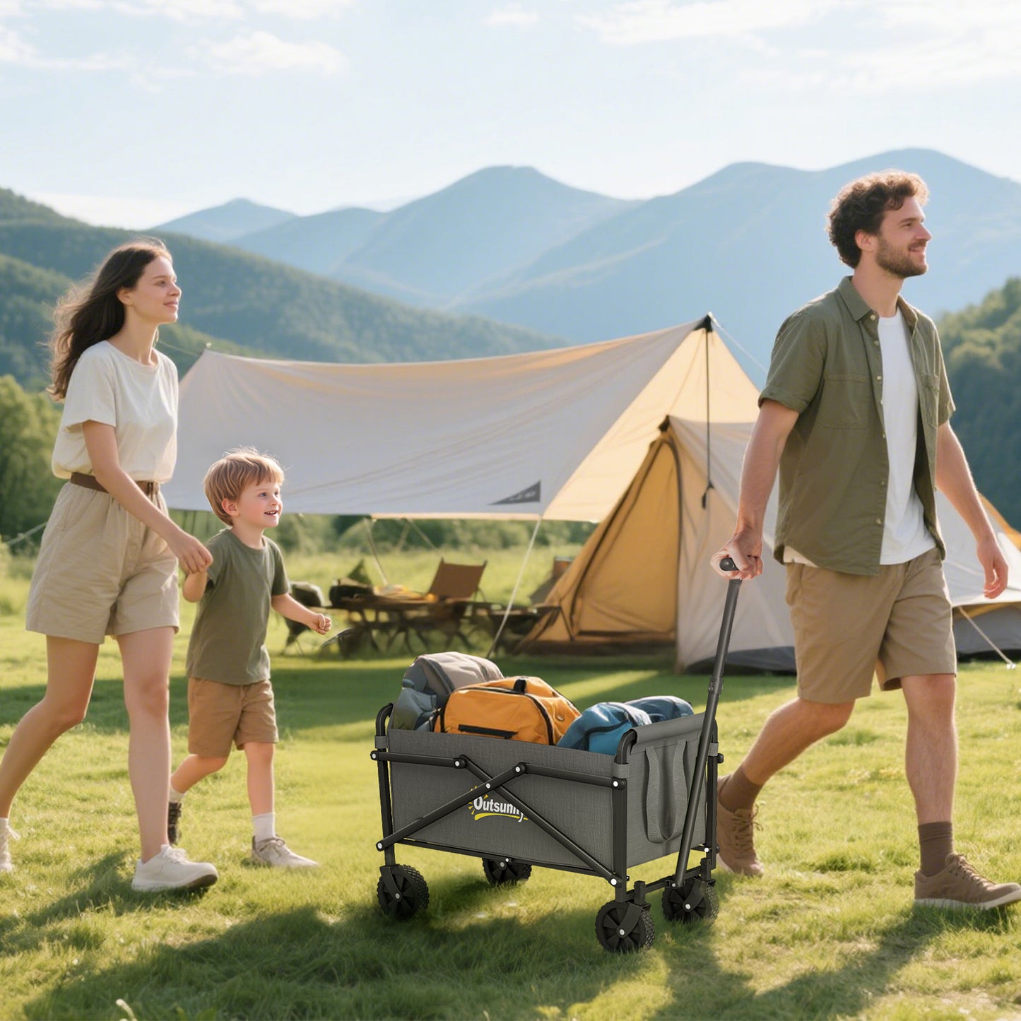 Outsunny 41L Trolley On Wheels, 60kg Heavy Duty Collapsible Folding Wagon With Adjustable Handle And Carry Bag Grey