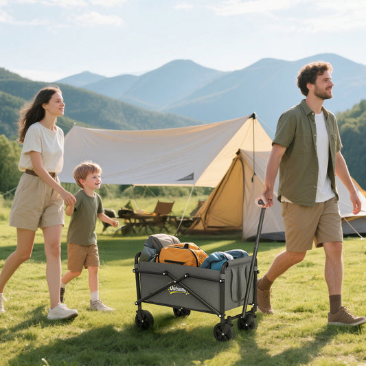 Outsunny 41L Trolley On Wheels, 60kg Heavy Duty Collapsible Folding Wagon With Adjustable Handle And Carry Bag Grey