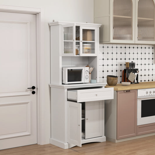 HOMCOM 4 Door Kitchen Cupboard With Drawer Freestanding Cabinet Glass Doors Adjustable Shelves Open Counter White