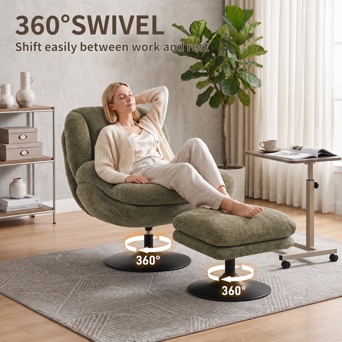HOMCOM Modern Chenille 360 Degree Swivel Accent Chair With Ottoman Dark Green