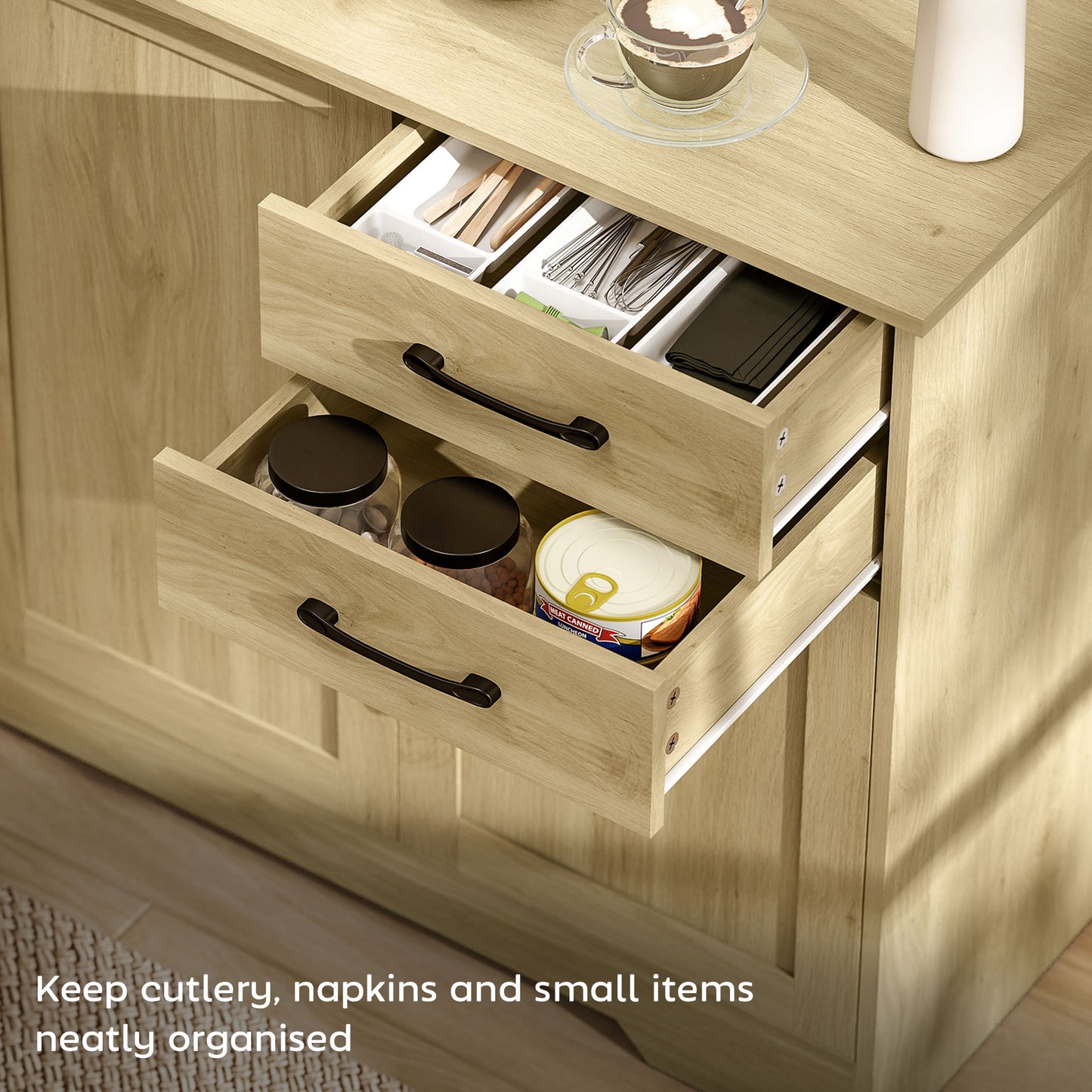 HOMCOM Sideboard With 2 Drawers And 3 Doors Modern Storage Cabinet With Adjustable Shelf Natural Finish