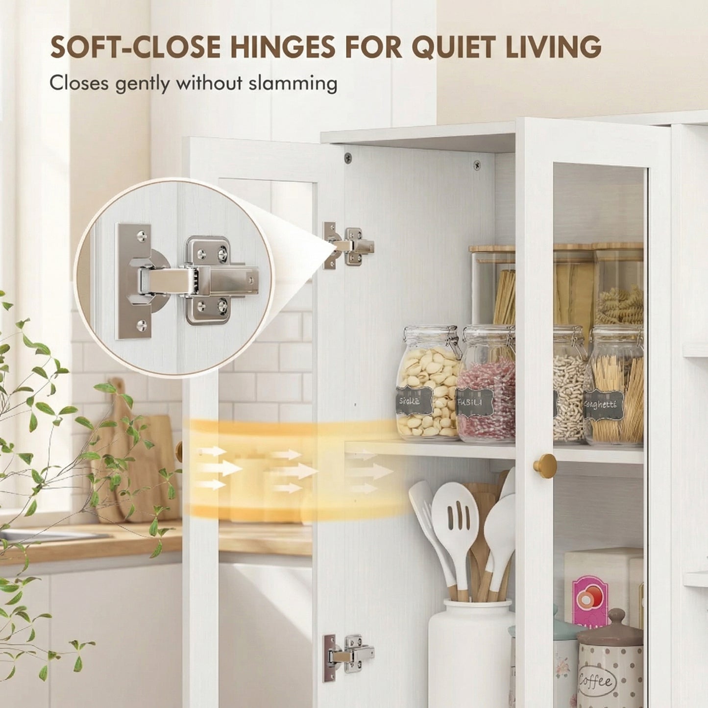 HOMCOM Glass Door Kitchen Cabinet With Multi Storage White Wood Effect For Living Room Display And Storage