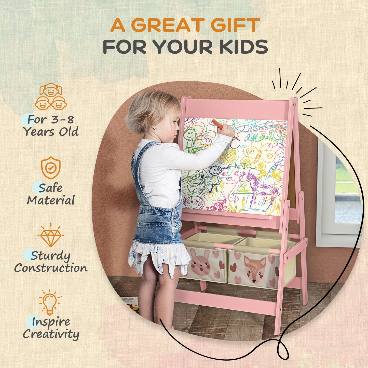 AIYAPLAY Three In One Kids Easel With Paper Roll And Storage Pink Educational Art Station