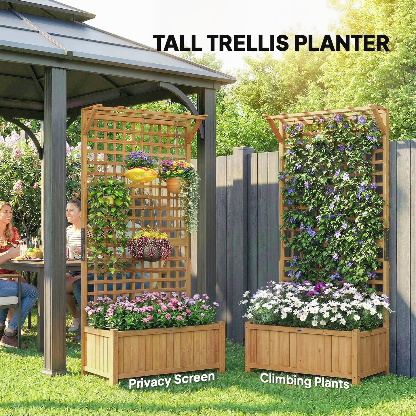 Outsunny Raised Bed Wood Planter With Trellis Drainage Holes For Climbing Plants Grow Vegetables And Flowers Yellow