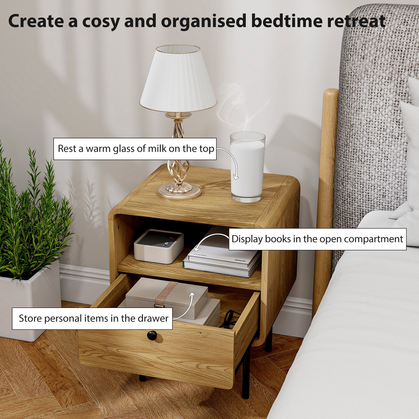 HOMCOM Oak Bedside Table With Drawer And Open Shelf Modern Nightstand For Bedroom Rounded Corner Design
