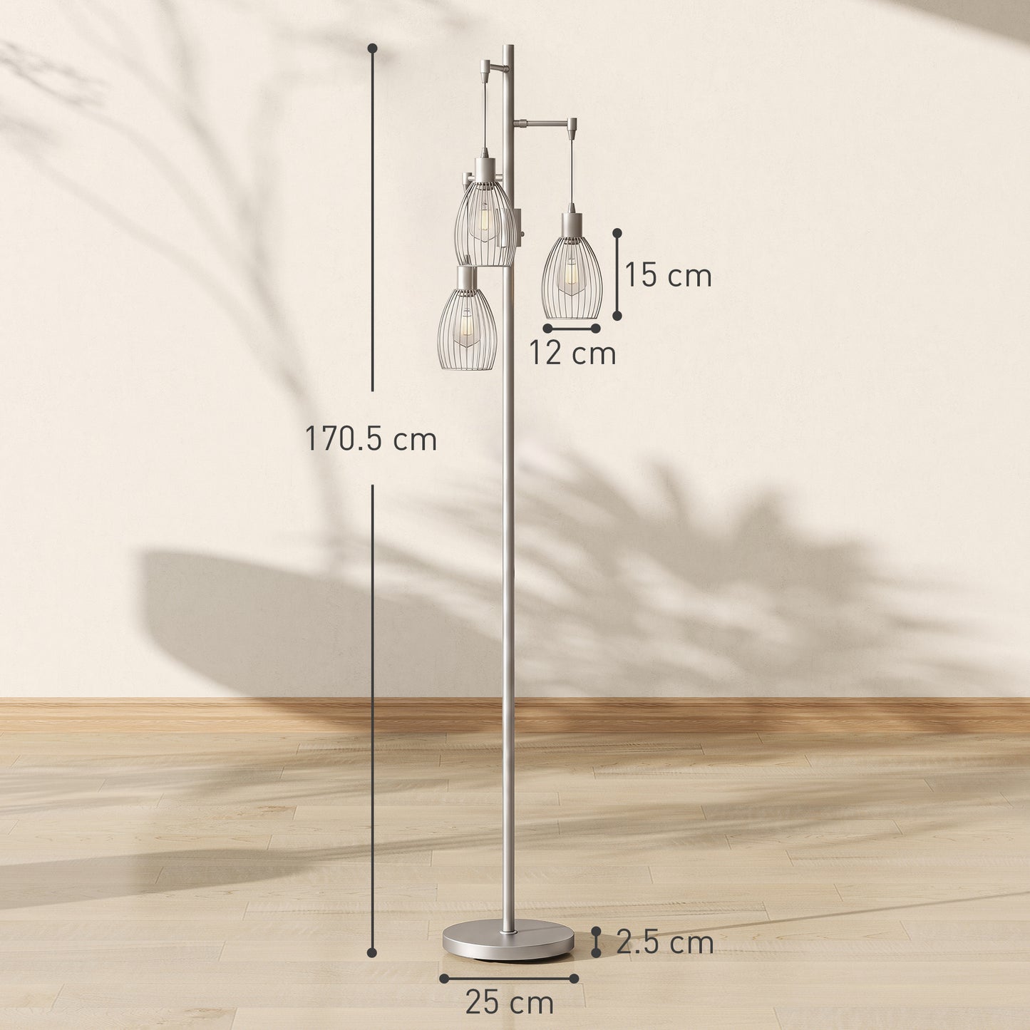 HOMCOM 170.5cm Industrial Dimmable Standing Lamp Three Light Floor Lamp With Steel Wire Cage Lampshades Silver Tone