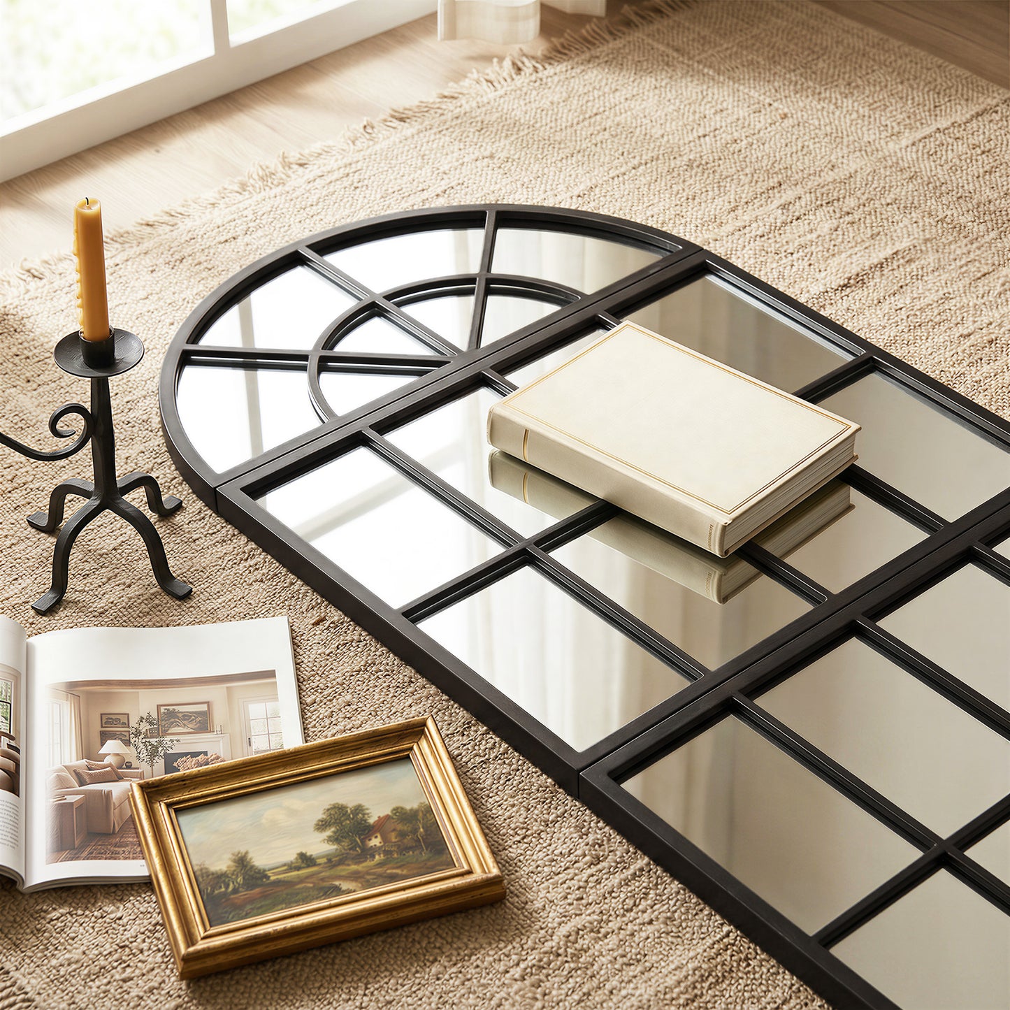 HOMCOM Large Arched Wall Mirror Set With Metal Grid 3 Piece Split Window Mirrors 120 x 54 cm Black