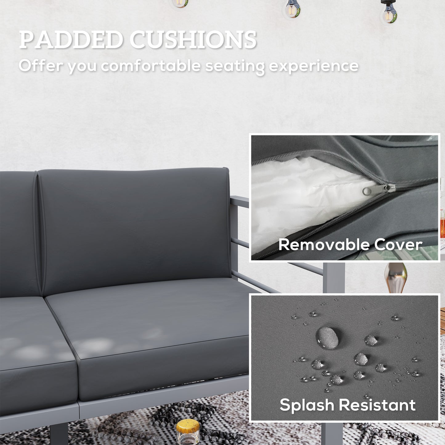Outsunny 4 Piece Garden Furniture Set Aluminium 4 Seater Sofa with 2 Armchairs Loveseat Coffee Table Charcoal Grey