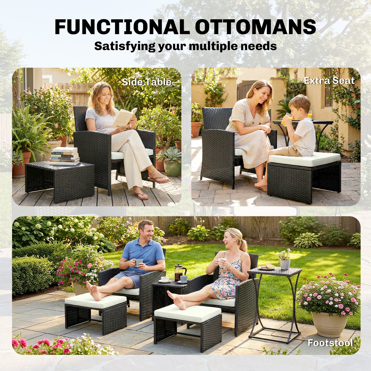 Outsunny 6 Piece Rattan Garden Furniture Set Space Saving Patio With Nesting Tables Chairs Stools Cushions Black