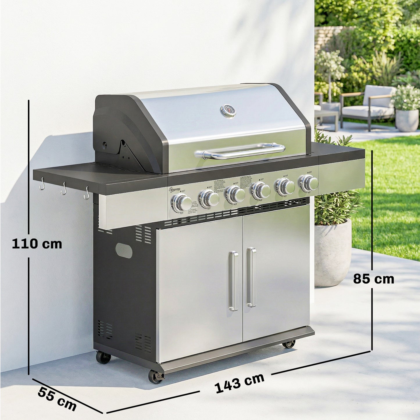 Outsunny 6 Burner Liquid Propane Gas Grill With Warming Rack Side Tables And Cabinet Outdoor Barbecue