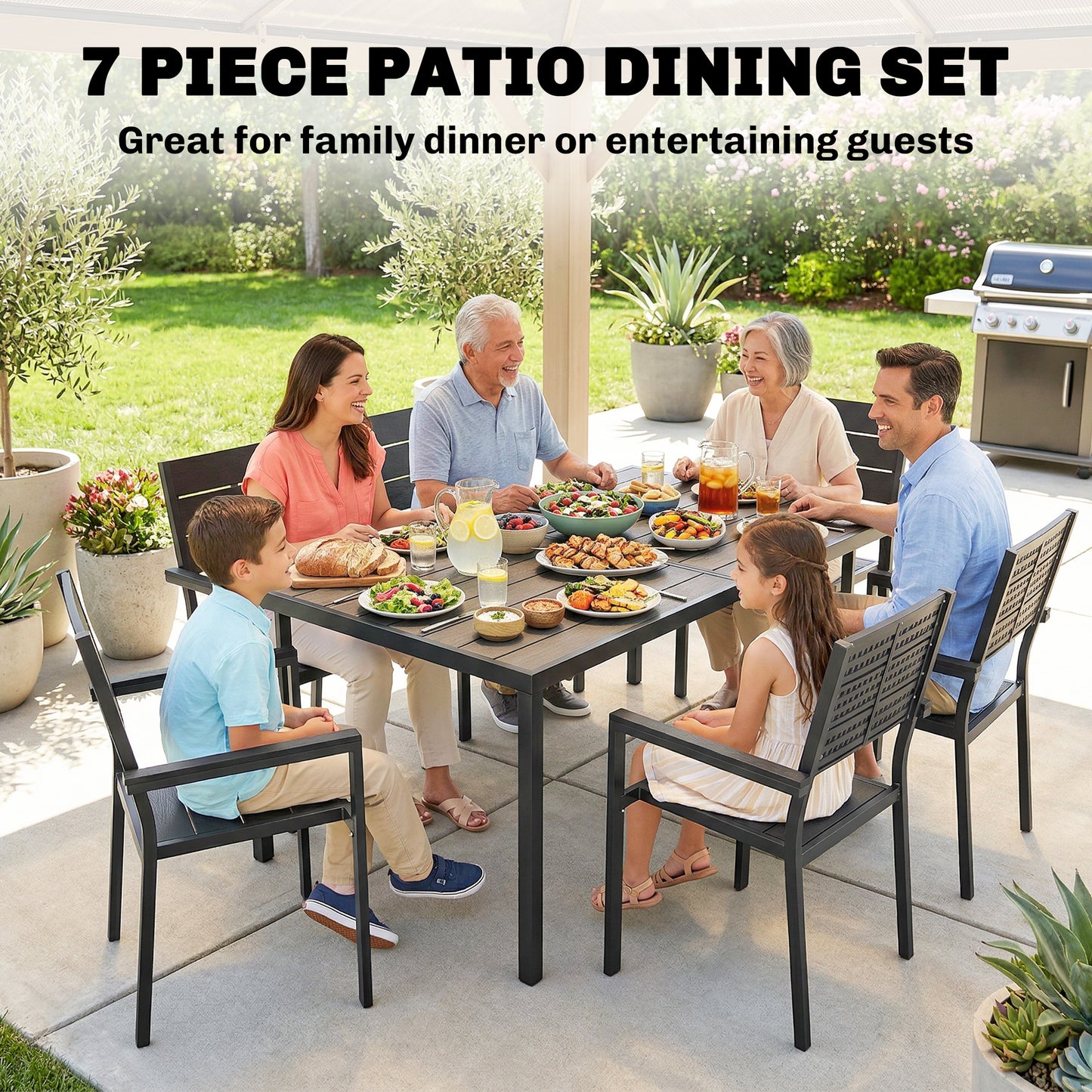 Outsunny 7 Piece Outdoor Dining Set With Slatted Tabletop For 6 Patio Table And Chairs Garden Furniture