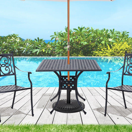 Outsunny 90cm Square Garden Table with Umbrella Hole, Aluminium Grid Motif Outdoor Dining Table for Garden Patio, Black - ALL4U RETAILER LTD