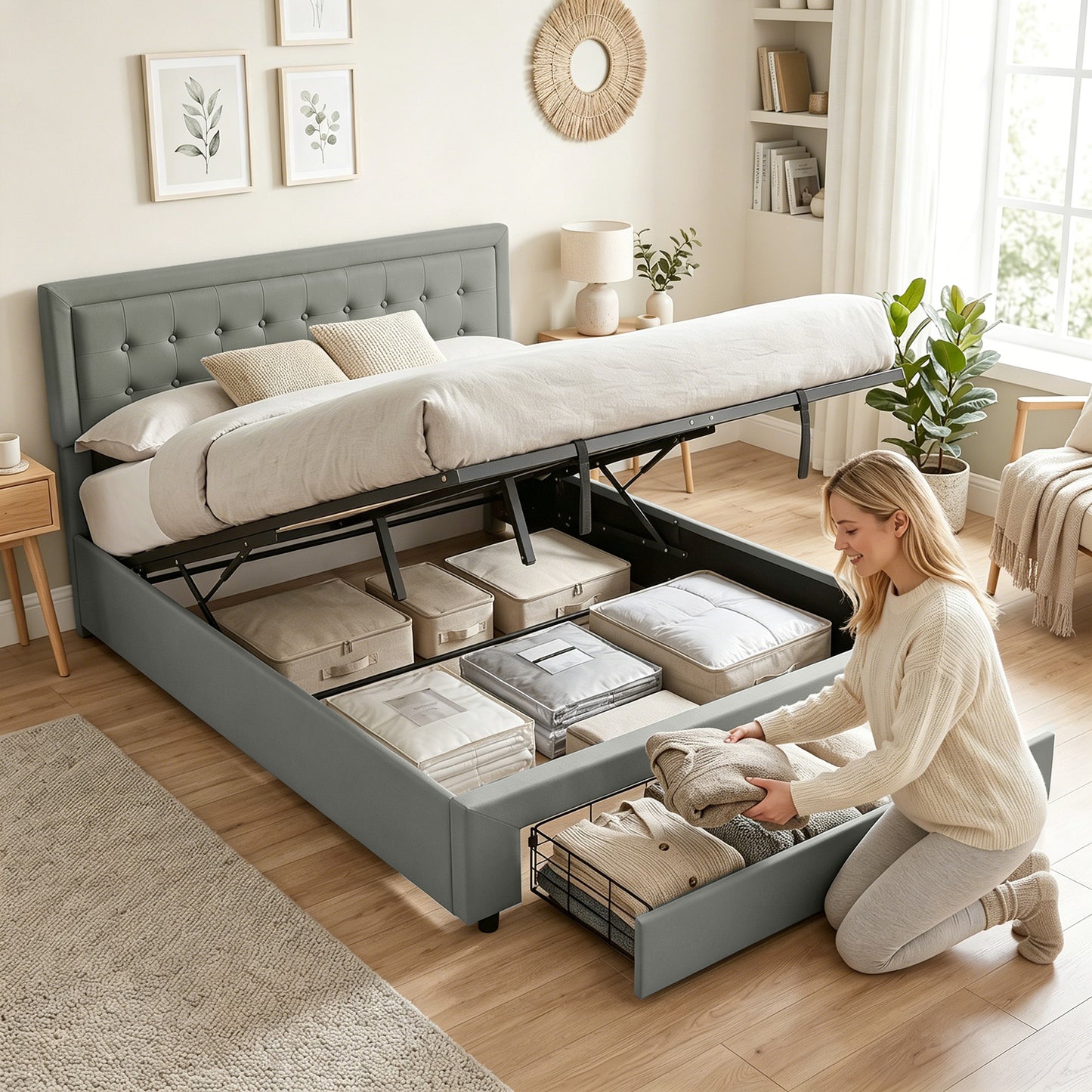 HOMCOM Genuine PU Leather King Size Ottoman Bed Frame With Front Drawer Storage Grey