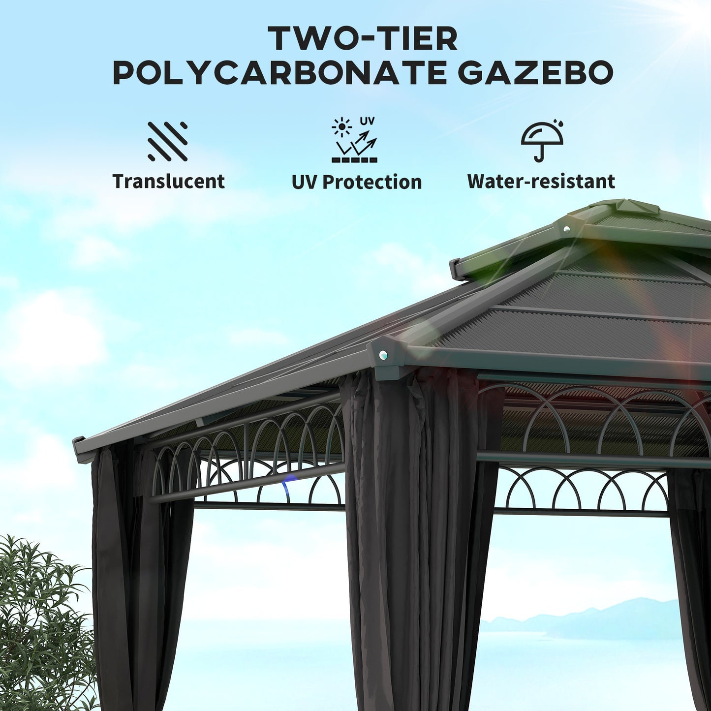 Outsunny 3x3m Outdoor Polycarbonate Gazebo With Double Roof Hard Top Nettings Curtains And Galvanised Steel Frame