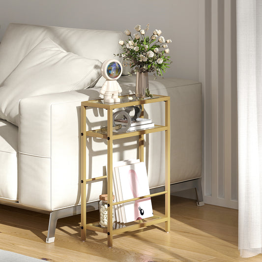 HOMCOM 3-Tier Slim Side Table 18 Cm Wide With Storage Shelf And Tempered Glass Top For Small Spaces Gold Tone